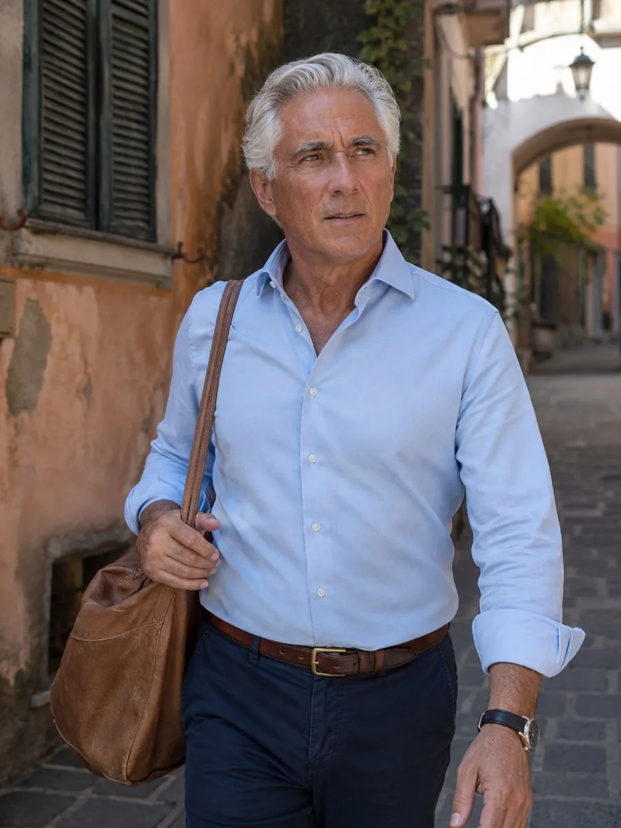 Lichtblauw overhemd in een Italiaans dorp
